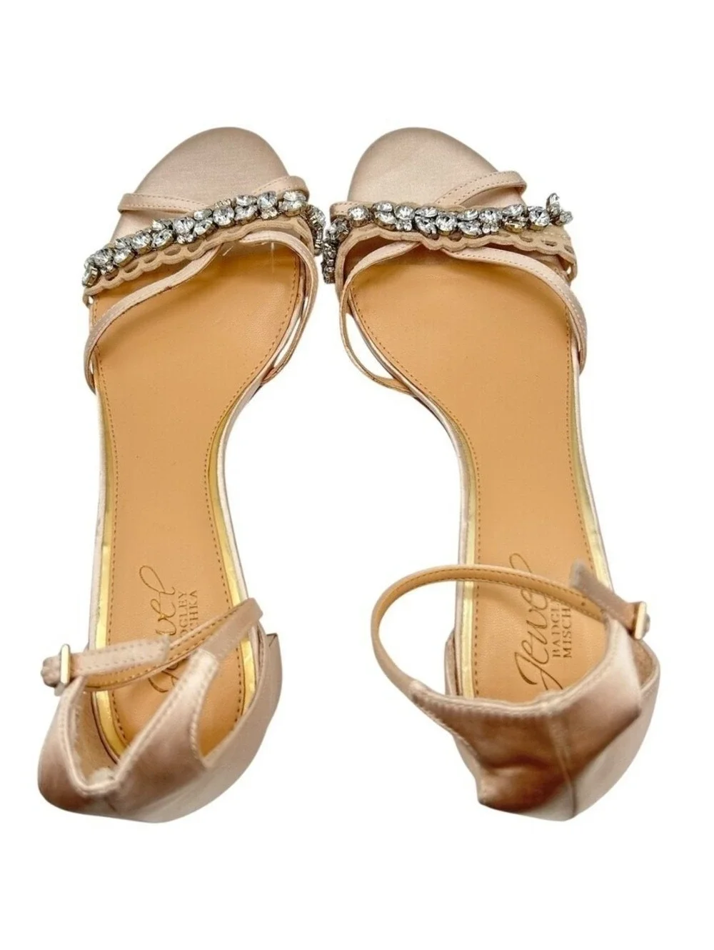 Jewel Badgley Mischka Champagne Satin Crystal Embellished Block Heels Size 8.5